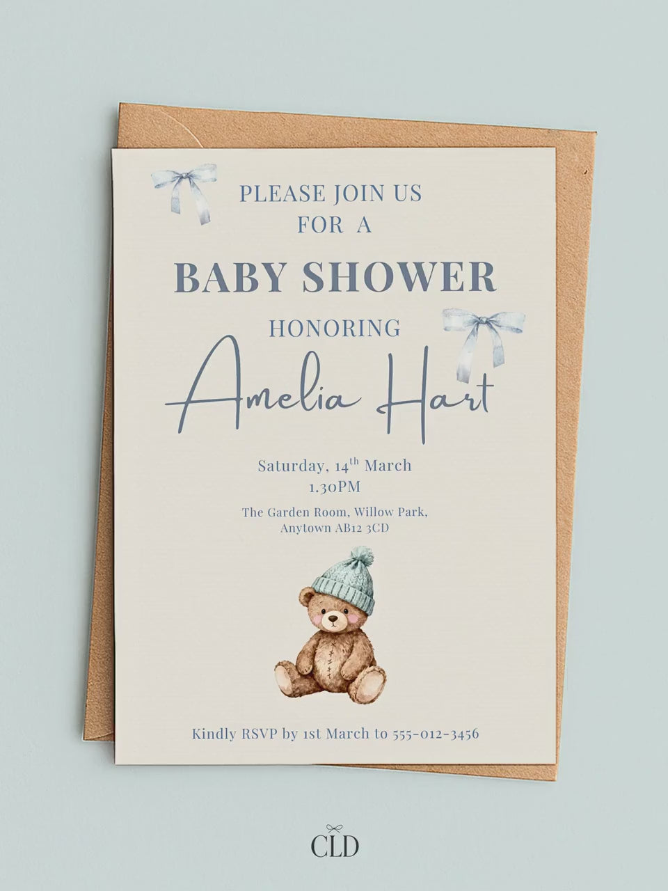 Editable Blue Bear Baby Shower Invitation Template-Boy Winter Nesting Party Invite (Instant Download Digital Custom Canva Template)