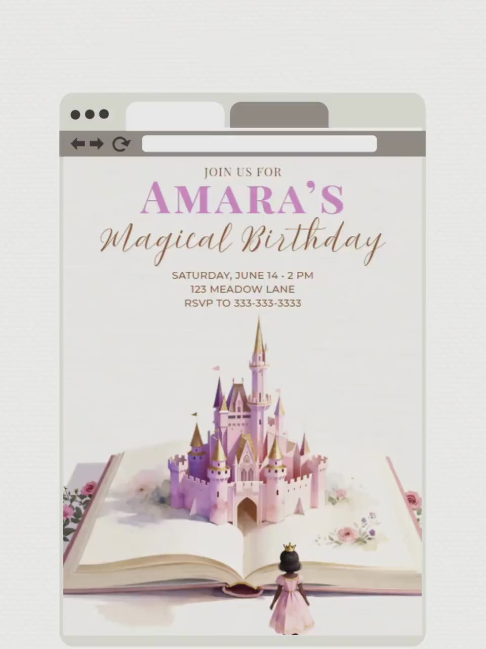 Printable Princess Birthday Invitation Dark Haired Girl - Storybook Magical Castle Party Evite (Editable Canva Digital Template Invite)