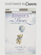 Printable Teddy Bear First Birthday Invitation - Boy 1st Birthday Invite - Beary First Birthday Digital Evite (Editable Canva Template 5x7)