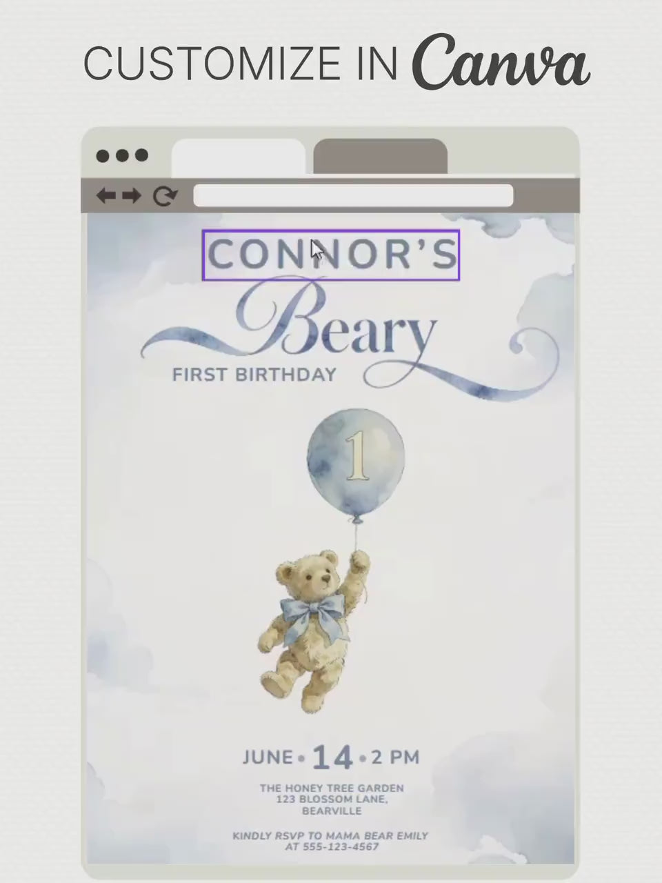 Printable Teddy Bear First Birthday Invitation - Boy 1st Birthday Invite - Beary First Birthday Digital Evite (Editable Canva Template 5x7)